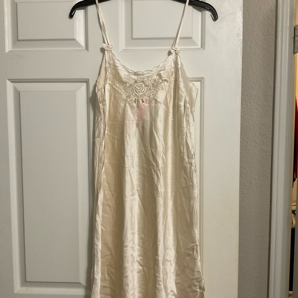 Vintage-Inspired Cream Satin Slip Dress with Floral Applique
